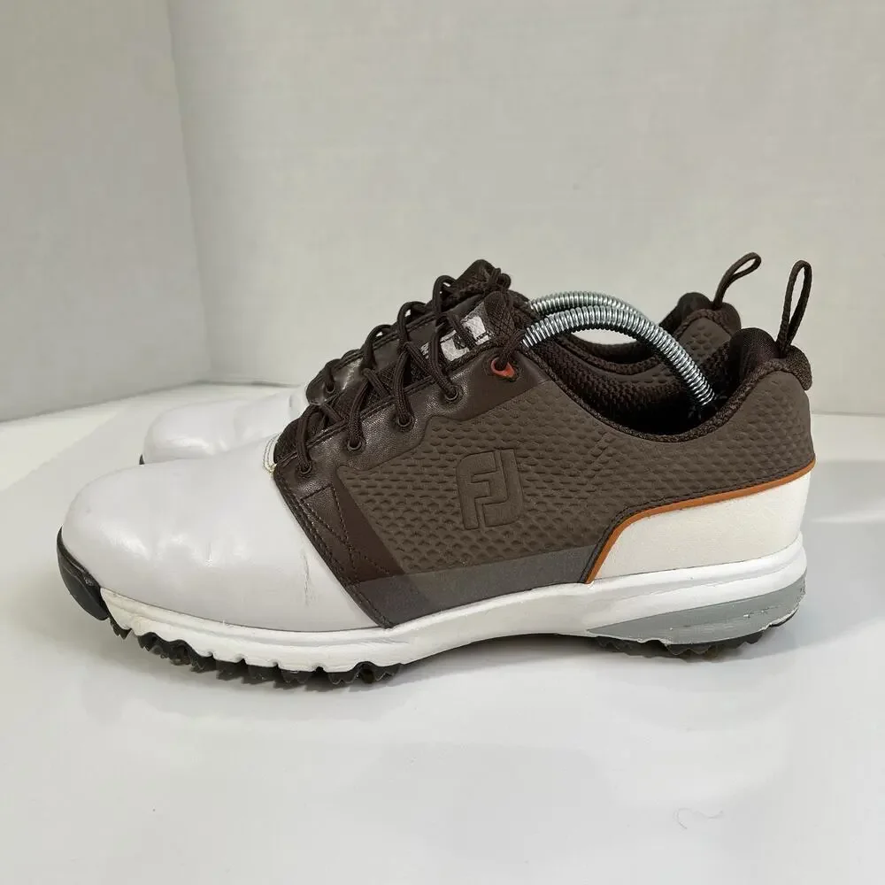 FootJoy FJ Contour Fit Golf Shoes White Brown Leather Spiked Men Size 11M 54096